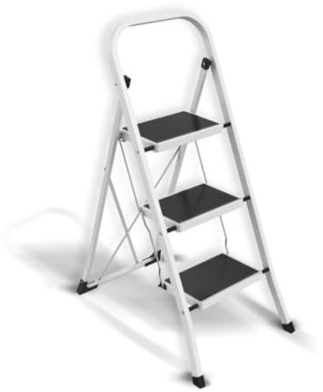 MSV - Escabeau Marche Pied 3 Marches - Acier/Peinture - 46 x 71 x 104 cm - Blanc/Gris - Norme GS Sécurité - Design Compact et Pliable, Gain de Place - Pieds Antidérapants - Charge Max 150 kg