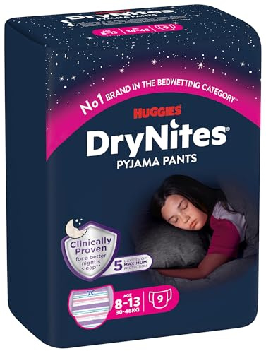 Huggies DryNites, pantalons de pyjama pour filles, tailles 8 à 15 ans, sous-vêtements de nuit discrets aux motifs captivants, protection maximale contre l'énurésie nocturne chez les adolescentes, 9 unités (lot de 1)