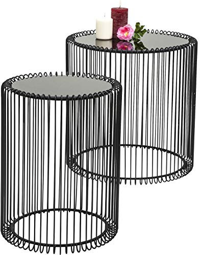 Kare Design Beistelltisch Wire Black 2er Set, runder, moderner Glastisch, kleiner Couchtisch, Kaffeetisch, Nachttisch, Schwarz (H/B/T) 42,5xØ32,5cm & 45xØ44cm, 79578