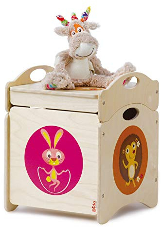 Dida - I Troncotti, Pouf Contenitore Portagiochi e Seduta per Bambini, Cubo in Legno con Ruote e Coperchio Sovrapponibili, Motivi Animali del Bosco: Conigli, Riccio, Cervo, Ideale per Camerette