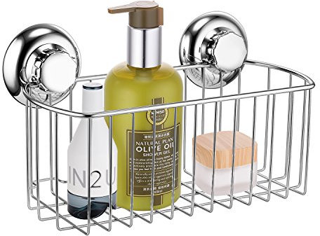 MaxHold No-Drilling/Suction Cup Deep Rectangular Storage Basket - Vaccum System - Stainless Steel Never Rust - for Bathroom & Kitchen