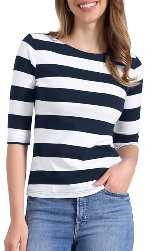 Allegra K Women's Striped Shirt Elbow Sleeve Slim Fit Casual Boat Neck Top | Striped Shirts, Elbow Sleeve, Slim Fit, Boat Neck, Casual Top, Color Block,Tee Shirt, Spring Fall