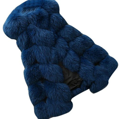 LaoZan Gilet Vest Manteau en Fausse Fourrure sans Manches pour Femmes - Bleu - Small