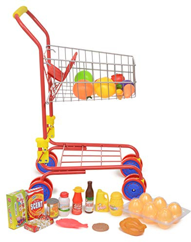 Shop 'N' Go Toy Shopping Cart for Kids and Toddler - Includes Food - Folds for Easy Storage - with Sturdy Metal Frame Pretend Play Food Role Play, Educational Toy - with 36 pc Play-Food and