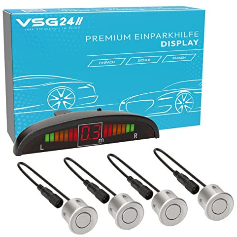 VSG24 Premium Einparkhilfe hinten mit Display zum nachrüsten am Auto, PDC Parksensoren hinten mit Stecksystem für einfachste Montage - 4 Rückfahrwarner Sensoren Parkhilfe Nachrüstsatz Silber