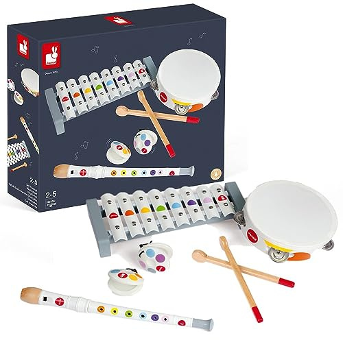 Janod - Set Musicale Coriandoli (Legno), 4 Strumenti - Giocattolo di Imitazione e Risveglio Musicale - da 2 Anni in su, J07600