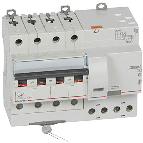 Legrand 411220 Disjoncteur différentiel monobloc DX³6000 10kA arrivée haute vis départ haut automatique, 4P, 400V, 40A typeAC, 300mA