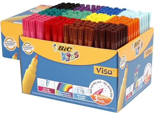 BIC Kids Visa Fasermaler – Feine Spitze, Wasserbasierte Tinte, 3 Monate Austrocknungsschutz, Auswaschbar, 12 Farben Sortiert, 288 Stück
