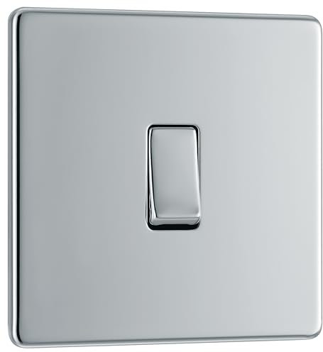 BG Electrical Single Wall Light Switch, 2 Way, Screwless Front Plate, Slim Profile, Premium Flatplate, Polished Chrome, 20A, 16AX, FPC12