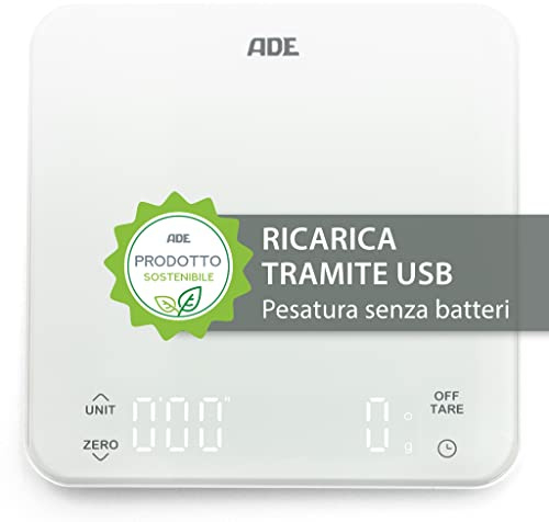 ADE Balance de cuisine numérique avec batterie – Charge par USB sans batterie | Balance à café précise avec minuterie intégrée | Jusqu'à 5 kg/1 g