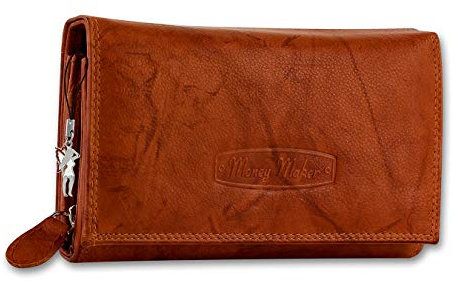 Money Maker Damen Geldbörse - Lang Orange Leder Portemonnaie Damen Geldbeutel mit Reißverschluss, Foto-ID-Fenster, modern, Rindleder