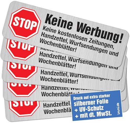 immi 5 St. Keine Werbung Aufkleber, UV-geschützte, besonders dicke Silberfolie (Edelstahl-Optik)
