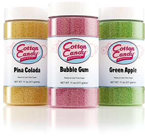 Cotton Candy Express Floss Sugar Variety Pack with 3 - 11oz Plastic Jars of Bubble Gum, Green Apple, Pina Colada Flossing Sugars. Use With Cotton Candy Express Countertop Machine