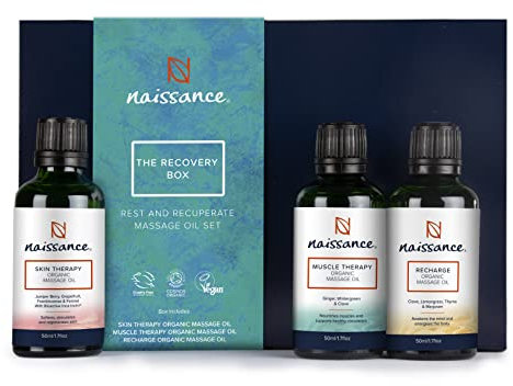 Naissance Confezione Set Oli Per Massaggi BIO The Recovery Box - Kit Calmante Coccole Regalo 3 x 50 ml Olio Sportivo Riscaldante Terapeutico Naturale - Caldo Per Donna Uomo Originale Anniversario