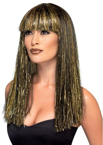 Smiffys Perücke Ägyptische Göttin, Schwarz, mit Goldflitter Halloween