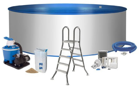 Pool Premium forma rotonda Ø 5 m x 1,2 m da parete in acciaio inox 0,6 mm Schermo blu 0,8 mm cuneo biese scaletta in acciaio inox 2 X 4 gradini con piattaforma Filtro a sabbia Flow 5 con 5,5 m³/h quarzo Filtro Sabbia 25 kg 0,7 fino a 1,2 Grana tubo Set di collegamento con fascette