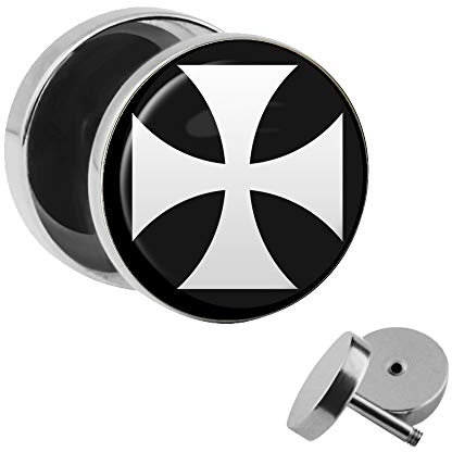 Treuheld | Ohrstecker zum Schrauben - eisernes KREUZ - weiß-schwarz - Motiv Fake-Plug Ø 10mm Silber - Edel-Stahl Ohr-Ringe - Chirurgen-Stahl 316L Fake-Tunnel - Gewinde Ohr-Stecker