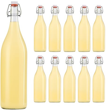 hocz 10x leere Bügelflaschen 1 Liter zum Befüllen Weiß - große Flaschen mit Bügelverschluss - 10er Bügel Glasflaschen Set für Saft, Getränke, Likör, Öl, Saucen - 10 Stück, 1000ml, Weiß