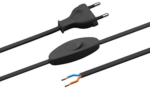 Meister 7442520 Câble d'alimentation européen avec Interrupteur, 2 m, Noir, câble en Plastique H03VVH2-F2X0,75, 2 Fils, IP20, câble de raccordement européen, matériel d'installation