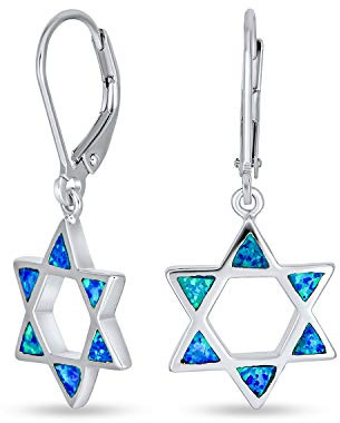 Creados Con Ópalo Azul Religioso, Joyería Judaica Magen Hanukkah, Estrella De David, Pendientes Colgantes Con Cierre De Palanca Para Mujeres Adolescentes En Su Bat Mitzvah. Plata Esterlina .925