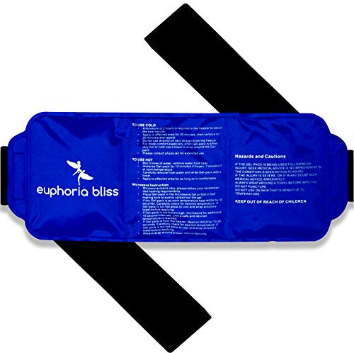 Hot and Cold Gel Ice Pack with Strap Reusable Flexible After Freezing 14'' x 6'' Back Neck Shoulders Jaw Wrist Legs Ankles Abdomen (Blue)