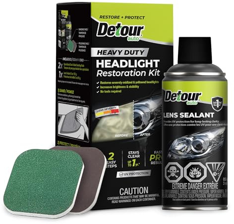 Detour Heavy Duty Headlight Restoration Kit - 2 Easy Steps to Professionally Restore Yellowed and Clouded Plastic Headlights, Long-Lasting UV Protection, No Tools Required