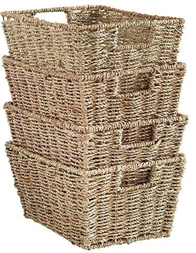 VonHaus Seagrass Storage Baskets, Set of 4 Hand-Woven Display Hampers - Bathroom Storage Baskets for Shelves - Nesting Natural Woven Seagrass Organiser w/Handles for Bedroom & Home Office