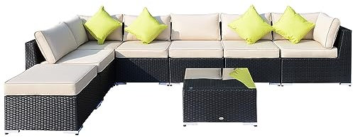 Outsunny 8 Piece Rattan Corner Sofa Set with Wide & Deep Seat, Assembled Aluminium PE Rattan Garden Furniture Set with Thick Cushions and Glass Top Table for Outdoor, Conservatory, Black