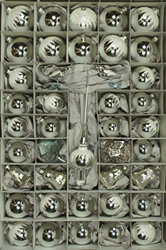 Lauschaer Glas Christbaumschmuck Sortiment mit Formglocken Silber mit Schneedach 41 Teile Christbaumschmuck Weihnachtsschmuck mundgeblasen,handdekoriert