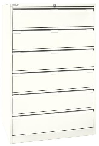 BISLEY Karteischrank, dreibahnig DIN A5, 6 Schubladen, Metall, 625 Reinweiß, 62.2 x 80 x 132.1 cm