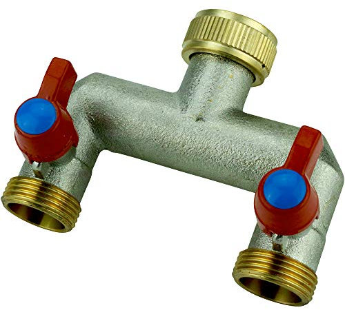 Verteiler 2-Wege 3/4 zum Anschluss 2 Geräten Gartenschlauch Wasserhahn aus Messing U-Verteilerstück mit Absperrhähnen