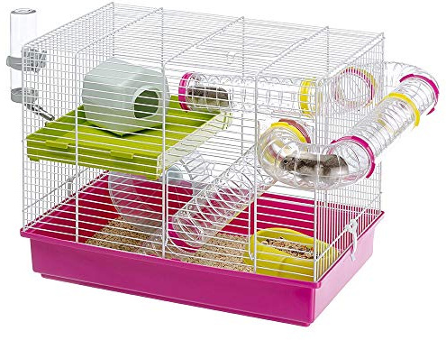 FERPLAST Cage pour Rongeurs LAURA pour Hamsters, en Métal, Accessoires inclus : Mangeoire, Abreuvoir, Maison, Roue, Étagère, Set de Pipe. 46x29.5xh37.5cm