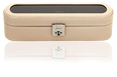 FrIEDrICH/23 Friedrich23 Uhrenkoffer – Uhrenkasten Cordoba mit Glasdeckel aus Echtleder in beige – Platz für 5 Uhren – abschließbar