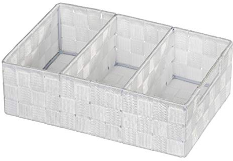 WENKO Organizer Mod. Adria, Aufbewahrungskorb mit 3 Fächern und praktischem Griff, feste Trennwände, hochwertiges Kunststoffgeflecht mit Metallstangen für extra Stabilität, 32 x 10 x 21 cm, Weiß