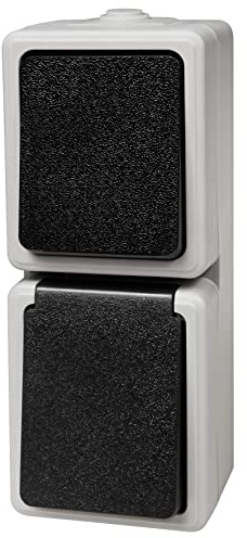 MC POWER - Interruptor de luz para ambientes húmedos con enchufe I TAFF I Combinación interruptor enchufe vertical IP44, gris negro exterior interior