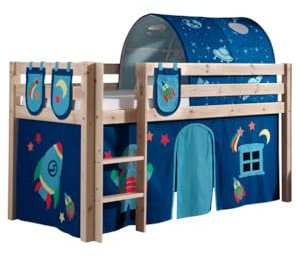 Spielbett Pino mit Textilset Vorhang, Tunnel und 3 TaschenAstro, Kiefer Massiv Natur
