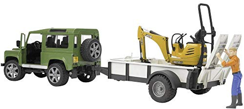 Bruder 2593 Land Rover Defender with One Axle Trailer, JCB Micro Excavator and Worker