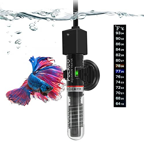 PULACO 25Watt Mini Aquarium Submersible Betta Heater with Free Thermometer Strip for 1-6 Gallon Fish Tanks (Preset Temperature 78℉)