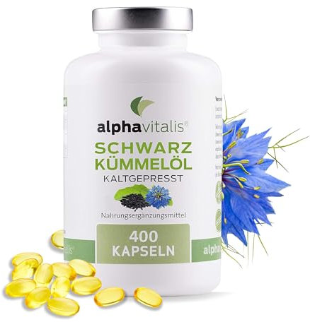 Schwarzkümmelöl Kapseln optimal dosiert - 400 Stk. - Schwarzkümmel Öl kaltgepresst mit Vitamin E - 1000 mg pro Tagesportion - Black Seed Oil aus Ägypten, made by Alphavitalis