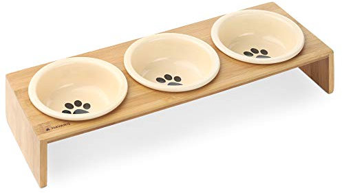 Navaris Futternapf Katze mit Bambus Halter - Futterstation Set Keramiknapf für Katzen Hunde - Keramik Fressnapf Set Futterbar mit Holz Halterung