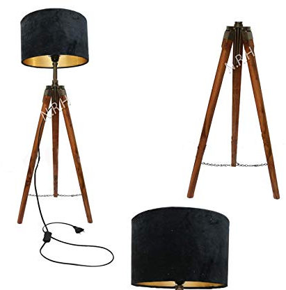 Lampadaire Hollywood Nautique Trépied en bois Style rétro Studio Light (avec abat-jour noir)