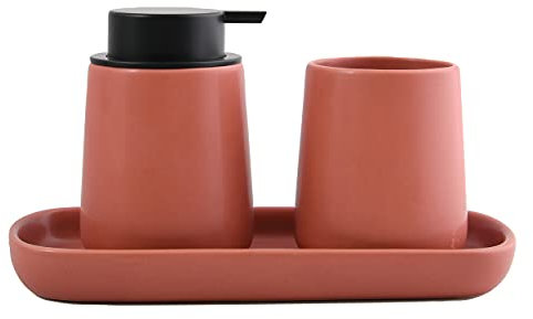 MSV Badezimmer Set, 3-teiliges Badzubehör aus Keramik Maonie Seifenspender, Badablage für Schmuck und Zahnputzbecher Terracotta Rot