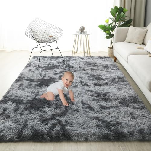 Gsogcax Rugs Living Room 120x160cm Fluffy Area Rugs for Bedroom Shaggy Anti Slip Super Soft Extra Large Rugs Indoor Modern Home Decor Floor Carpet - Dark Grey (Tie-dye)