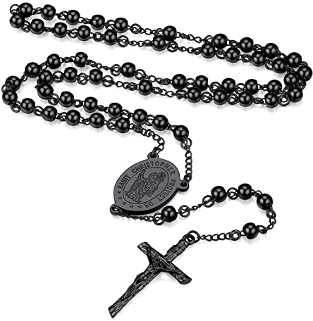 FaithHeart Rosenkranz Kette Damen Herren Kreuzkette Rosenkranzkette Auto Halskette mit Heiliger Christophorus Medaille Edelstahlkette Orthodoxes Kreuz Rosary Necklace Amulett Schmuck