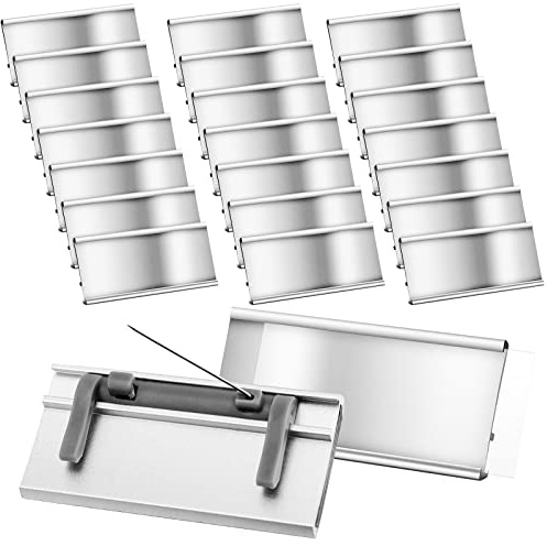 Faccito Étiquettes Nominatives en Aluminium avec Fente pour Papier et Épingle Badge d'Identification en Métal Transparent Étiquettes de Porte-Badge Nominatif Vierges, 72 x 32 mm, Argent (20 Paquets)