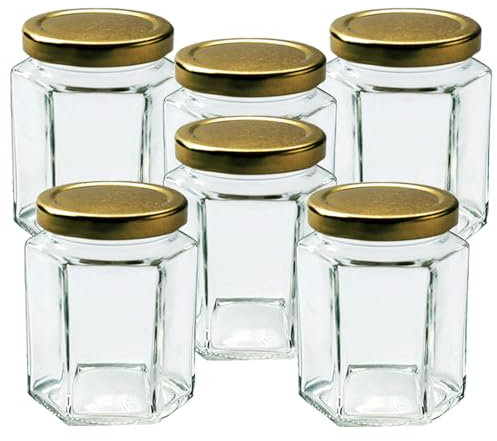 Offer Shop Glass Jam Jars Set of 6 Mason Glass Jars with Gold Lids - 280ml / 9oz Hexagonal Jars of Screw Top Lid to Preserve Jam Spices Sweets