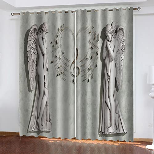 HOUKAI Engel Figur Statue 3D Vorhänge Wohnzimmer, Gardinen Mit Ösen Modern, Gardine Blickdicht Mit Muster 2Er Set, Gardine Für Schlafzimmer 280x260Cm Breite Vorhänge Für Fenster, Moderne Vorhänge
