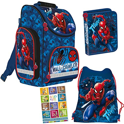 Goldkids Schulranzen Set Spiderman Marvel Ranzen Federmappe Turnbeutel Aufgabenheft für die Grundschule 4er Set. Geeignet ab der ersten Klasse der Grundschule