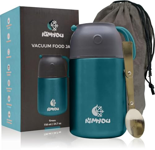 Kimyou Food Flask 730 ml | Premium Stainless Steel Vacuum Insulated Thermal Food Container | Food flasks for hot Food | Soup Flask | Soup containers | Vacuum flasks with Bag, Brush & Spoon Green