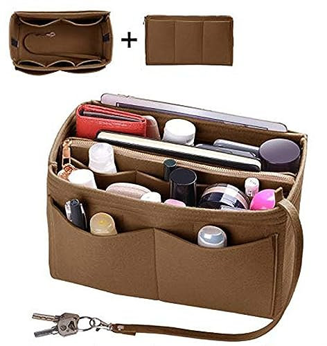 SUQ Filz Taschenorganizer für Frauen Handtasche, 2 in 1Abnehmbare Reißverschluss-Tasche, Filz Geldbörse-Organizer, Tasche Handtasche Liner, Organisator Einsatz, Multi Fächer, Braun- M